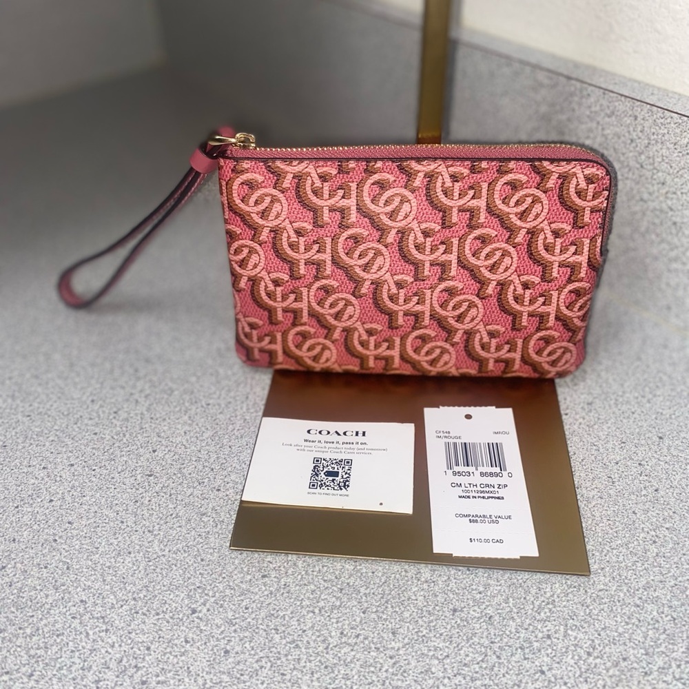 Coach Rouge Pink Monogram Print Corner Zip Wristlet Wallet NWT